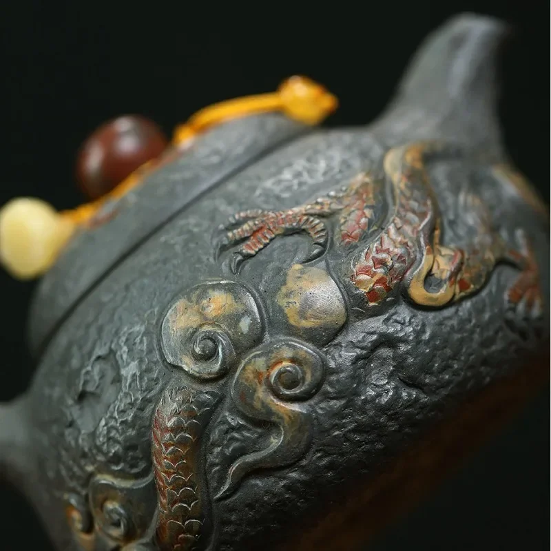 Yixing Zisha Teapot Set Made From Raw Dark Green Clay: “Dragon Playing with A Pearl” Tea Set