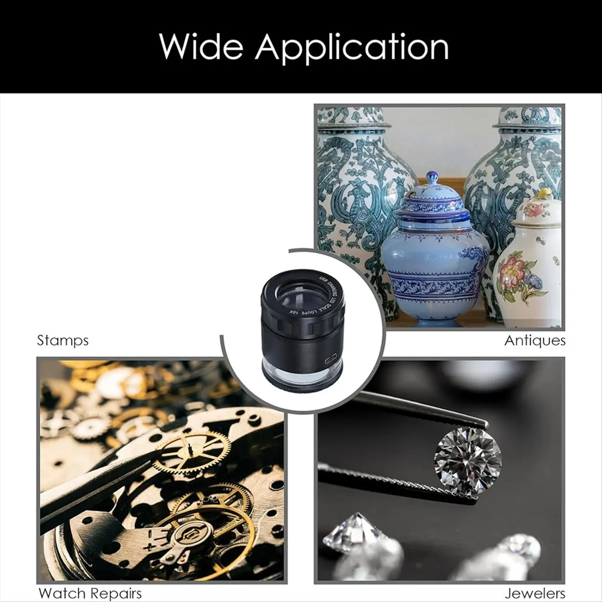 ABQR 10-кратная аккумуляторная лупа с оптической стеклянной линзой со съемной многофункциональной шкалой со светодиодной подсветкой для штампа Coinsand