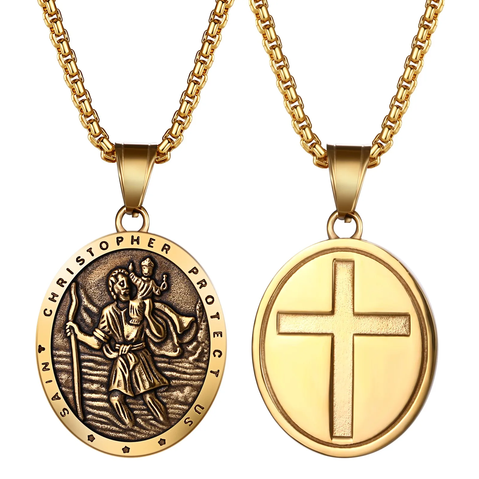 Saint Christopher Medal Necklace for Men Vintage Oval Stainless Steel Pendant St Christopher Catholic Traveler Amulet Gift - view 4