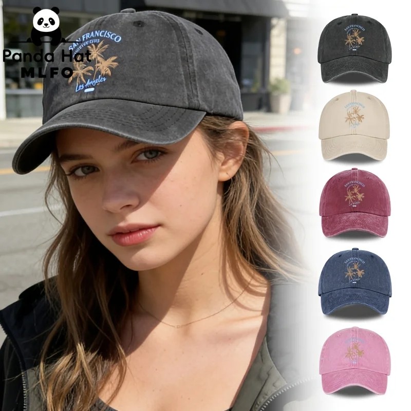 San Francisco Lettering And Palm Tree Print Vintage-Style Classic Washed Baseball Cap; Unisex Design; a Curved-Brim Cap Ideal fo