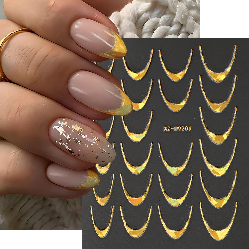 

3D Holographic Gold French Line Nail Stickers C Curve Stripe 3D Gradient Lines Metal Nail Decals French Line Manicure Decoration