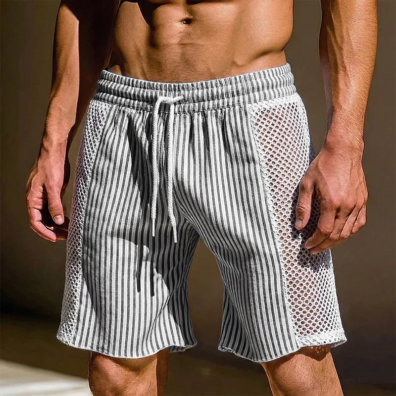 INCERUN Herren-Shorts, gestreift, Netz-Patchwork, Kordelzug, Jogger, lockere Herrenhose, Sommer-Streetwear, modische Shorts für Herren 2026
