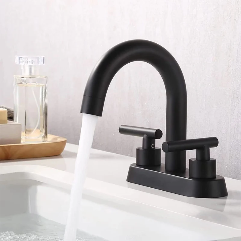 Basin Faucets Matte Black Deck Mounted Bathroom Sink Faucets 3 Holes Double Handle Hot And Cold Water Mixer Tap