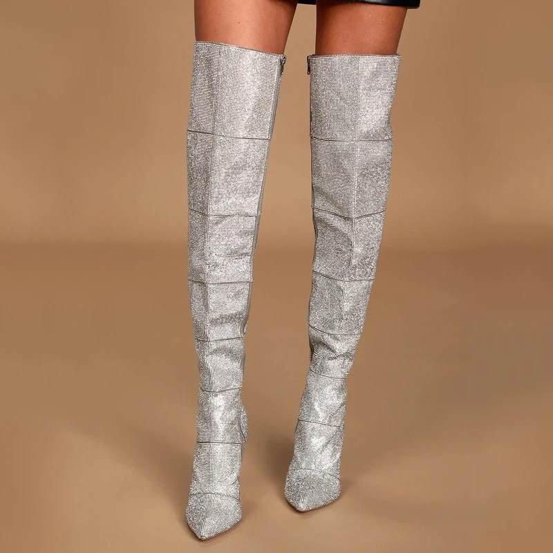 

Women Rhinestone Pointed-Toe Over the Knee Boots Bling Crystal Luxury Design Winter Lady Shoes Sexy Stiletto Large Size Botas