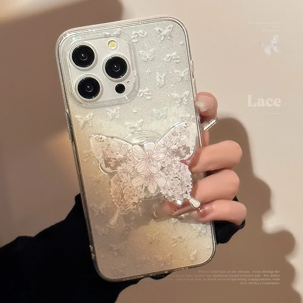 Luxury white butterfly stand phone case suitable for 15plus new iPhone 15 11 12 13promax anti drop beautiful fashion temperament