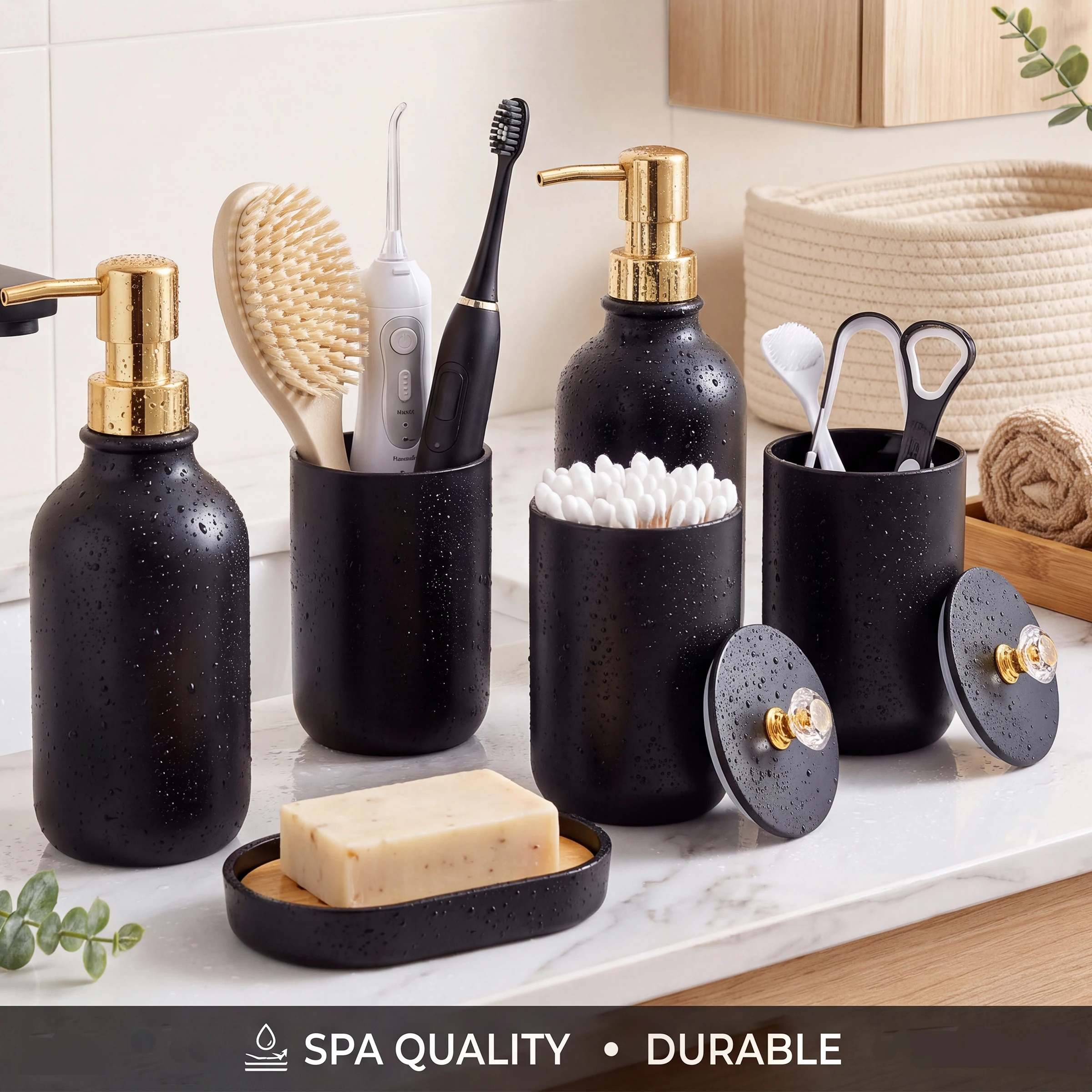 6Pcs Bathroom Countertop Organizer – Toothbrush Holder, Soap Dispenser, Soap Dish, Cup & Canister for Keeps Bathroom Vanity Neat