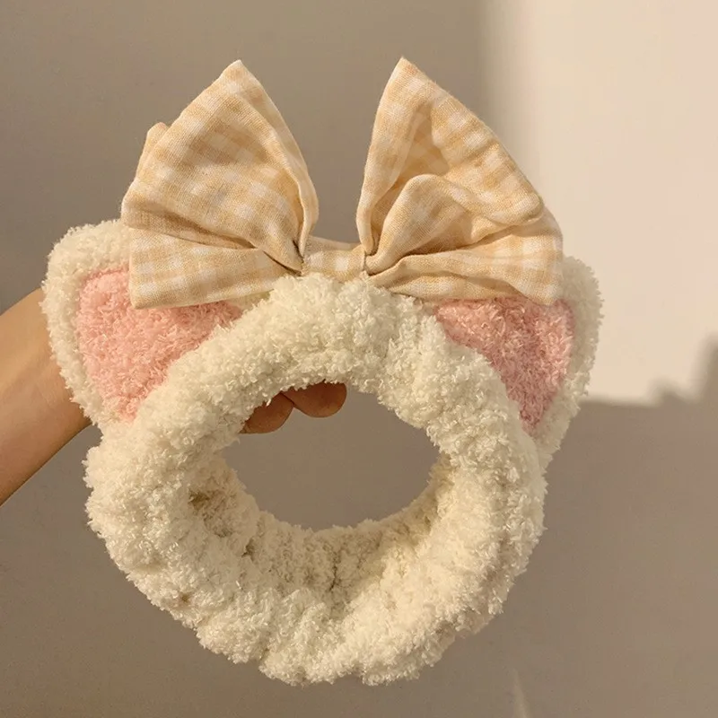 Cute plush cat ear hair band plaid bow face-washing hair band cartoon bear sweet mask headdress