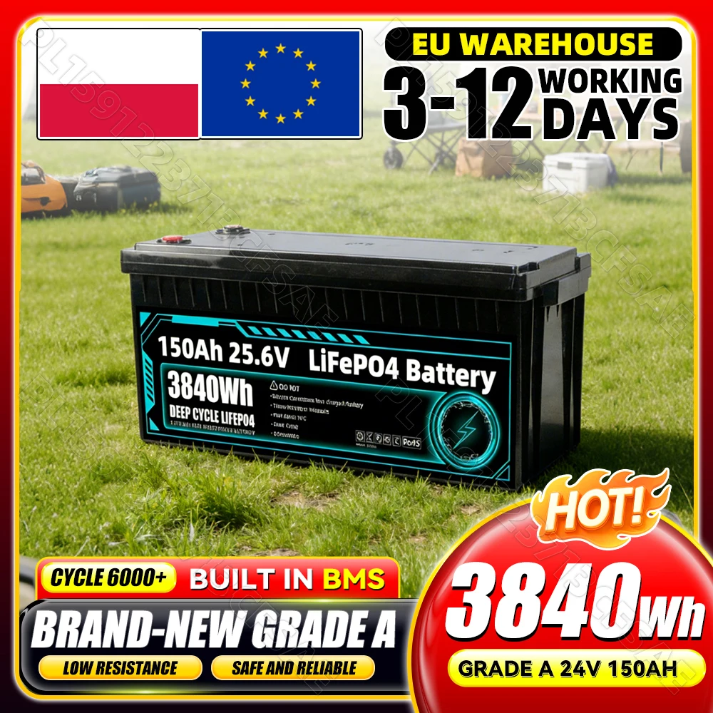 Batterie au lithium Lifepo4 24V 150Ah, BMS intégré, batterie LFP rechargeable, pour camping-car/camping, solaire, marine, tout-terrain/camping-car, hors réseau