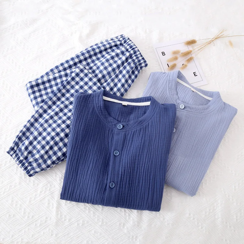 Color Contrast Japanese Plaid Men's Home Suit Cotton Crepe Long Sleeve Double Layer Gauze Spring Summer Thin Pajamas Set For Men