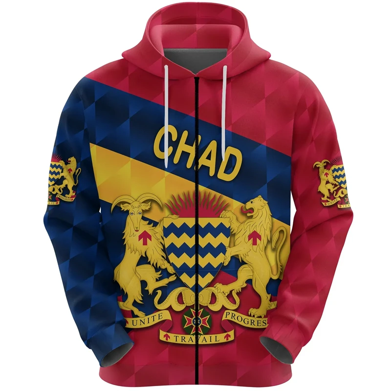 

Chad Flag Map Graphic Sweatshirts Fashion National Emblem Zip Up Hoodie For Men Clothes Coat Of Arms Tracksuit Casual Male Tops