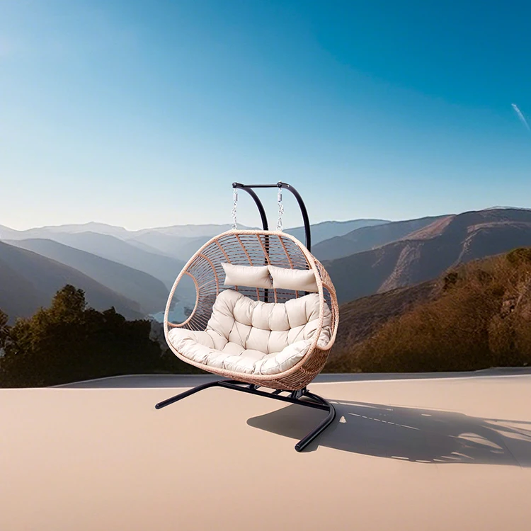 White Stylish Waterproof Villa Wicker Hanging Furniture Durable 2 Seater Outdoor Patio Rattan Cushion Egg Swing Chair