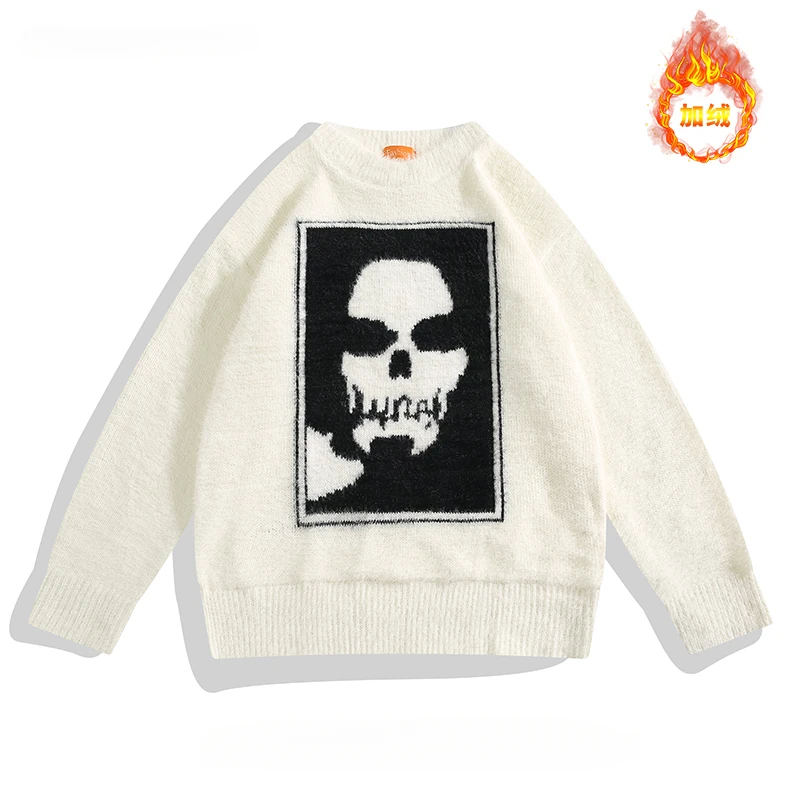 

Men's Mink Velvet Plus Velvet Loose Sweaters Trendy Street Skull Jacquard Hip-hop Handsome Casual Versatile Knitted Pullovers