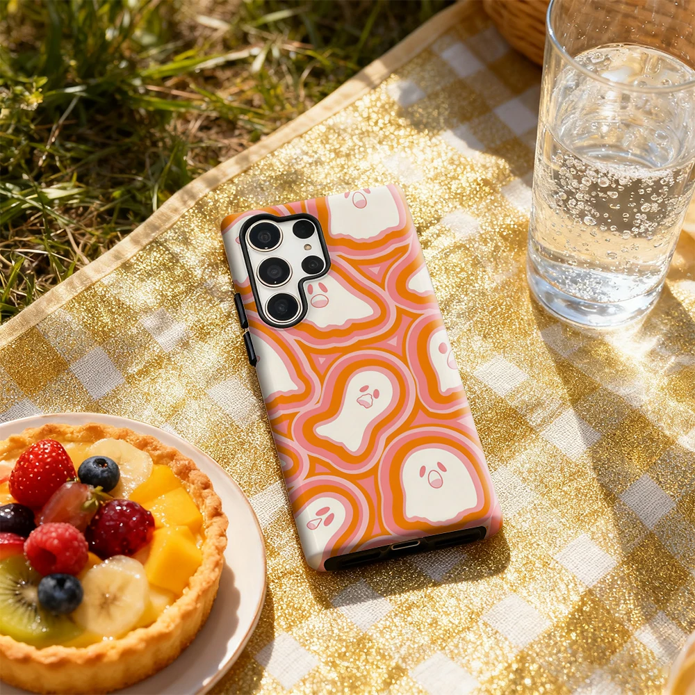 Orange and Pink Ghosts Halloween Phone Case for Samsung Galaxy S25 Ultra S24 S23 Ultra Plus Glossy Double-layer Back Cover