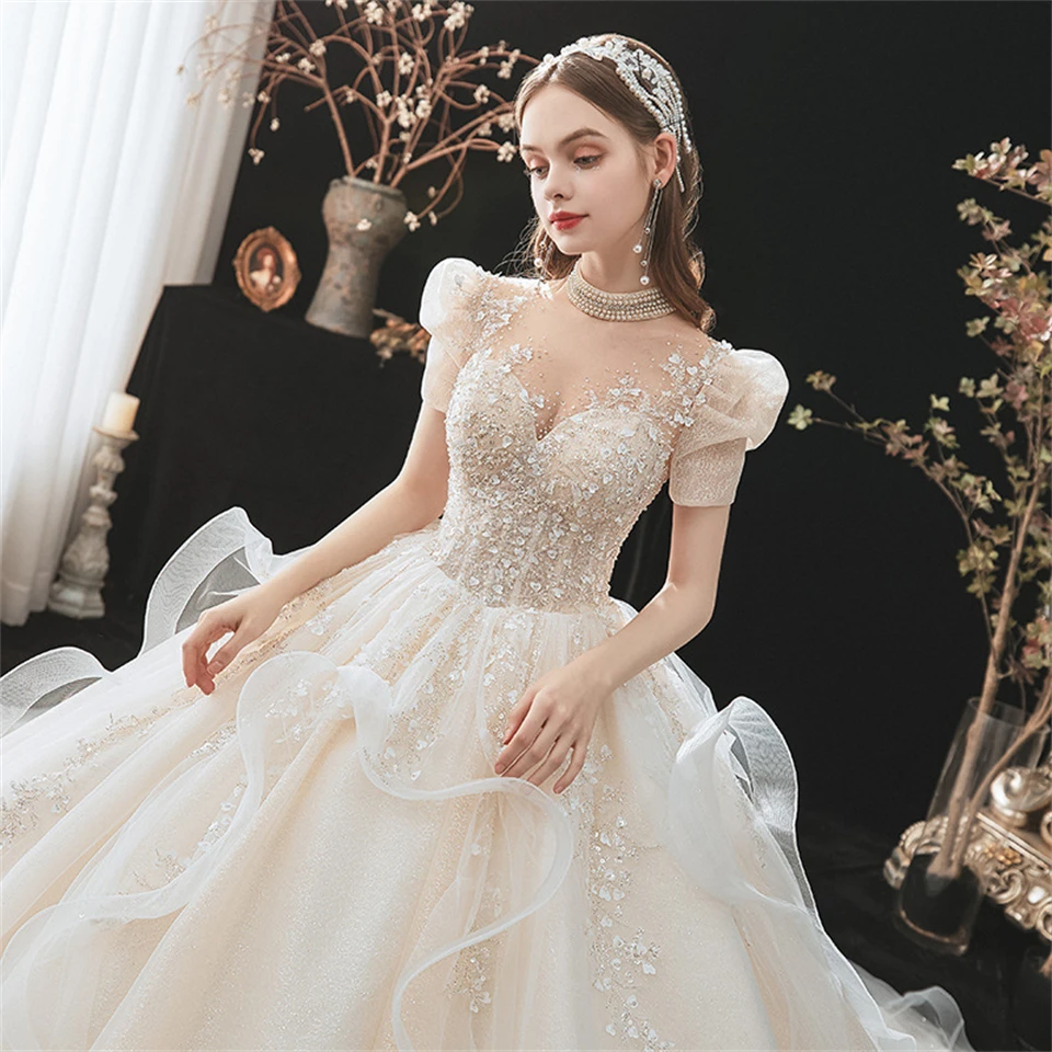 Customized Luxury High Neck Crystal Tulle Puff Sleeves Ball Gown Wedding Dresses 2024 Chapel Train Bridal Gown Vestidos De Novia