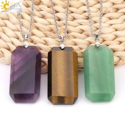 CSJA Natural Stone Crystal Coffin Pendant Necklace for Man Women Trendy Stainless Steel Chain Necklaces Gift H236