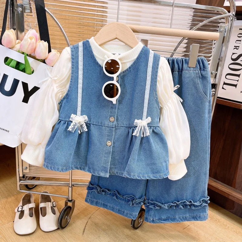 

Girls2025Autumn New Children's Clothing Girl Cute Denim Vest Base Shirt Long Pants Three-Piece Set Children's Clothing