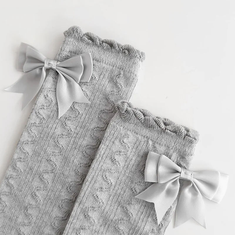 Lange Röhrensocken für Mädchen, Frühling/Sommer, dünne, gewellte Kniestrümpfe aus Baumwolle mit Schleife, süße Prinzessinnenstrümpfe – Detail 9