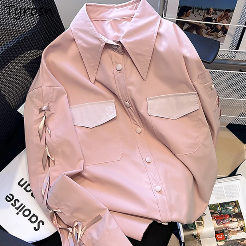 Panelled Drawstring Pockets Shirts Women Korean Style Fashion Simple All-match Sweet Female Youth Students Leisure Streetwear