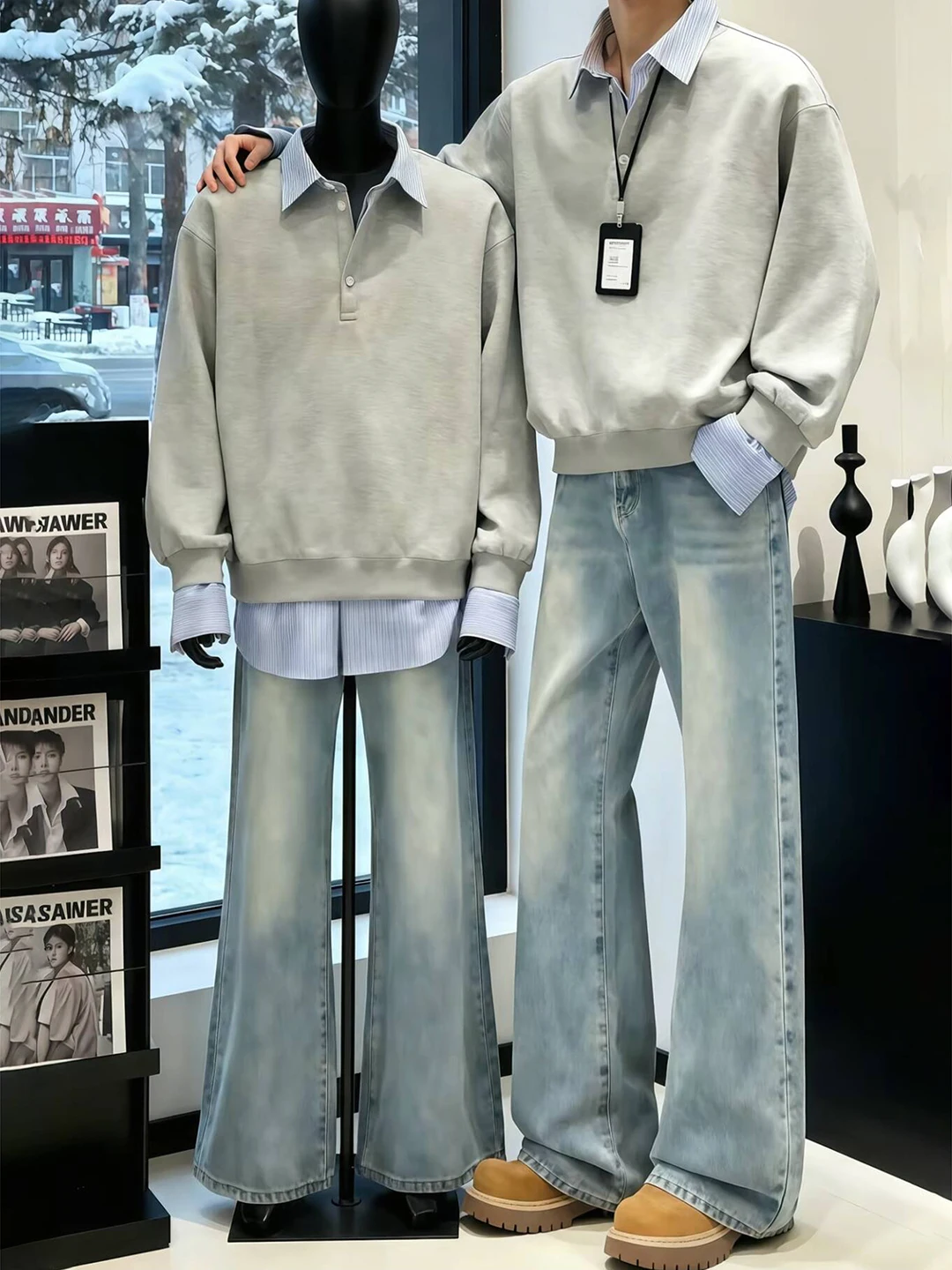 

Cleanfit Light Blue Fce Lined Men's Jeans Winter Slimming Long Leg Straight Cut Trousers mid Waist Zipper Closure