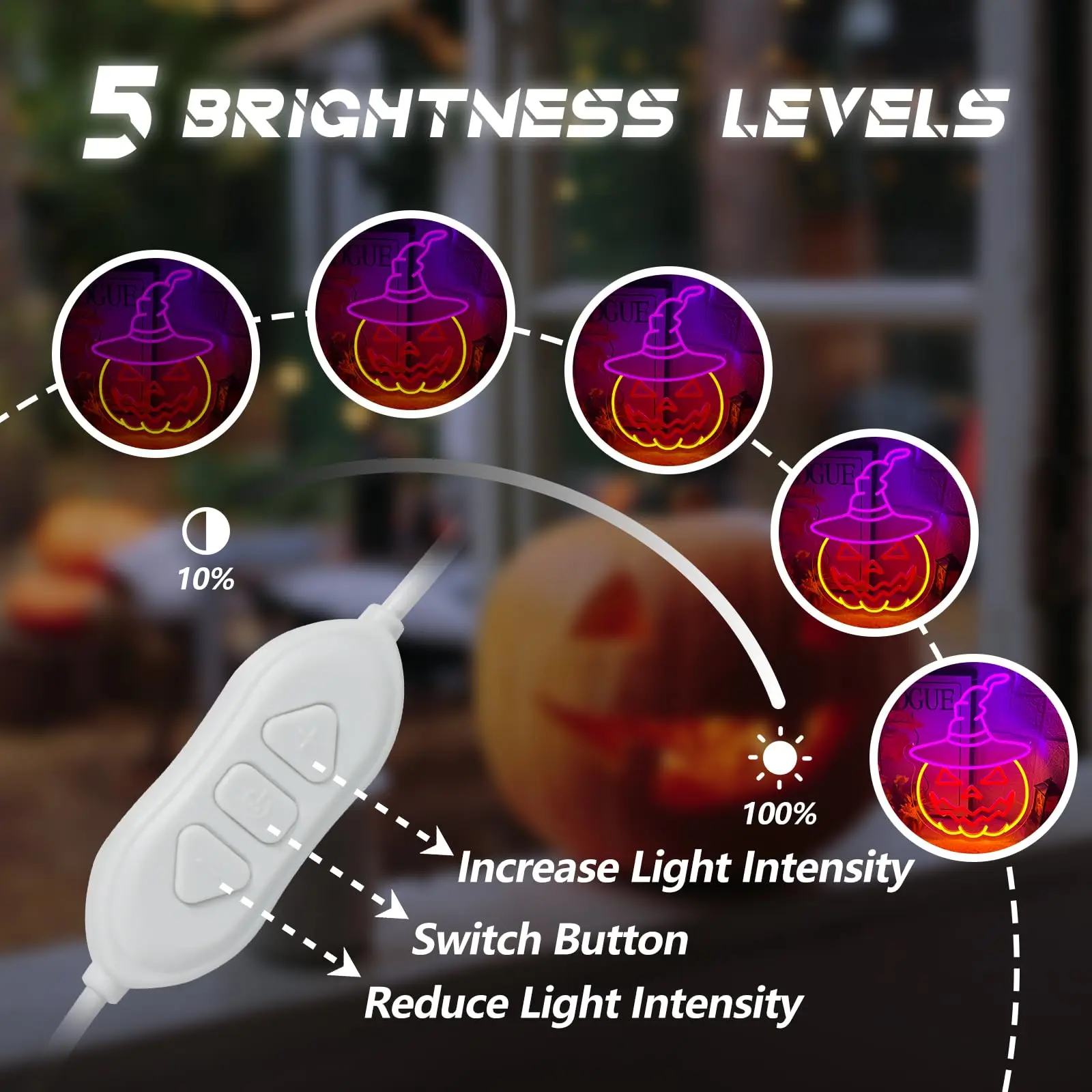 Insegna al neon di Halloween Cappello da strega Zucca Alimentazione USB con interruttore dimmerabile Zucca per portico Bar Finestra Camera da letto Sfondo festa