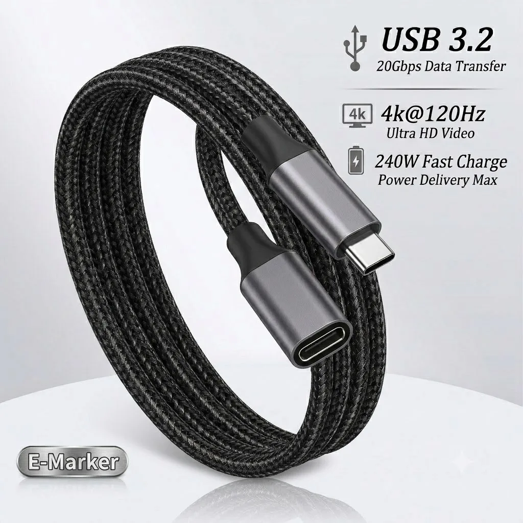 20Gbps USB-C Extension Cable 240W PD Fast Charging 4K@120Hz Video Type C Male to Female Wire for Mac Hub Steam Deck Switch
