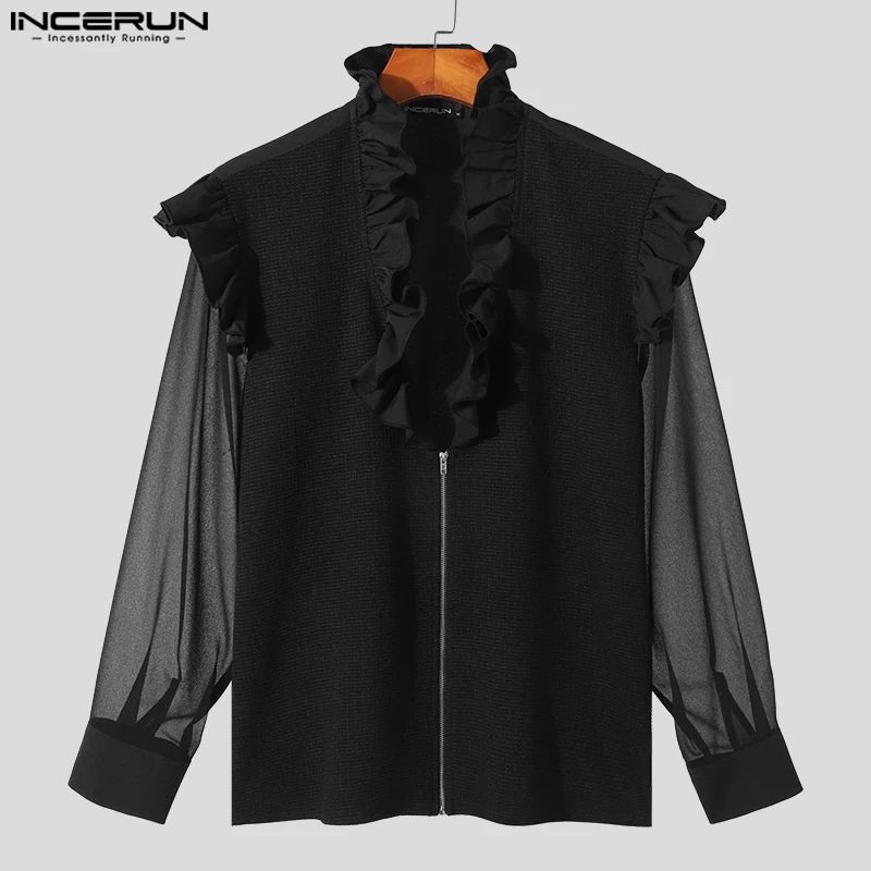 INCERUN Men Shirt Mesh Patchwork Ruffle Transparent V Neck Long Sleeve Zipper Men Clothing Streetwear 2024 Fashion Casual Shirts