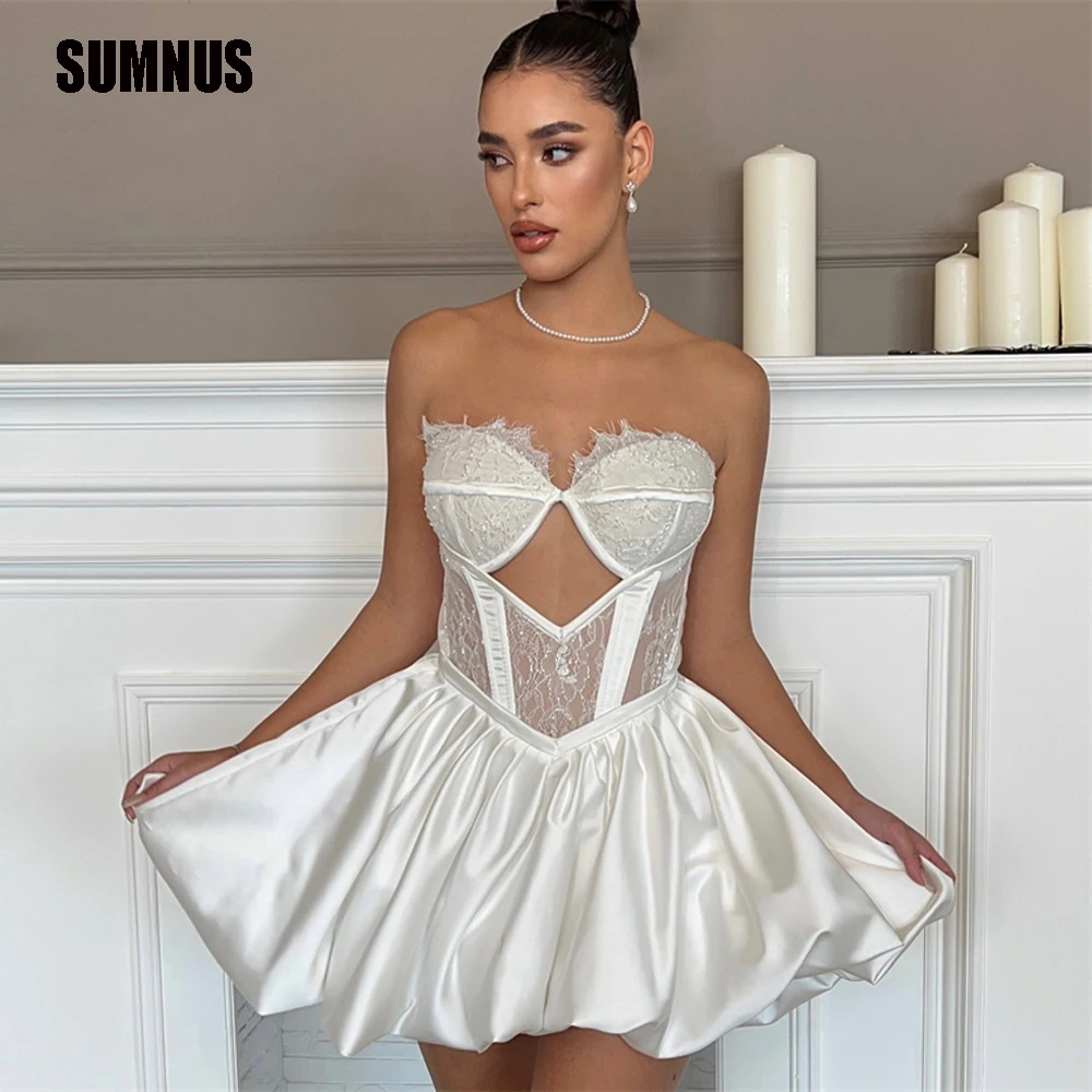 

SUMNUS Weddings Dresses 2024 for the Bride Satin Strapless Simple Lace Up Back Short Party Dresses Illusion Vestidos De Novias