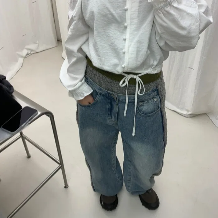 شيك المرأة Fce منقوشة مطاطا Waisand الدافئة الدنيم Sweatpants فضفاضة تناسب الخريف الشتاء بناطيل كاجوال مربوط الكفة الجينز