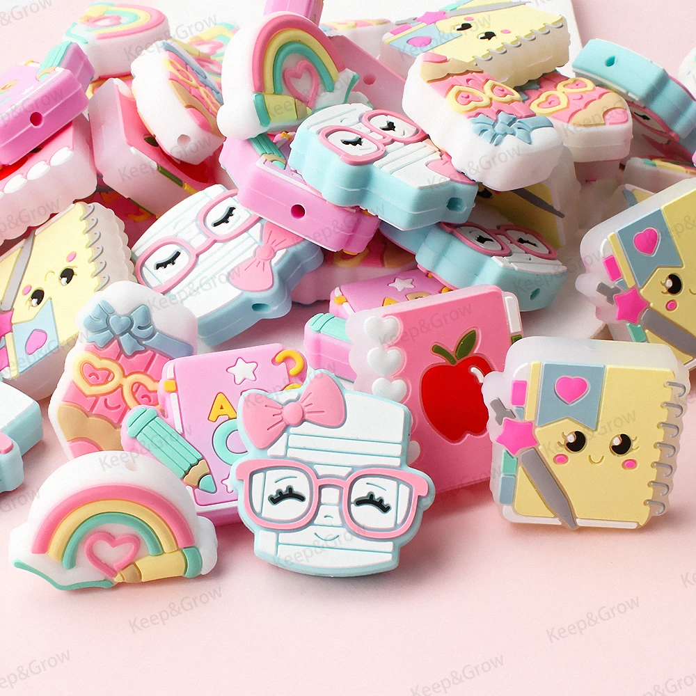 5/20/50Pcs Cute Version Stationery Theme Silicone Beads Pink Notebook Bow Ties pencil Rainbow Focal Beads for Jewelry Making Pen