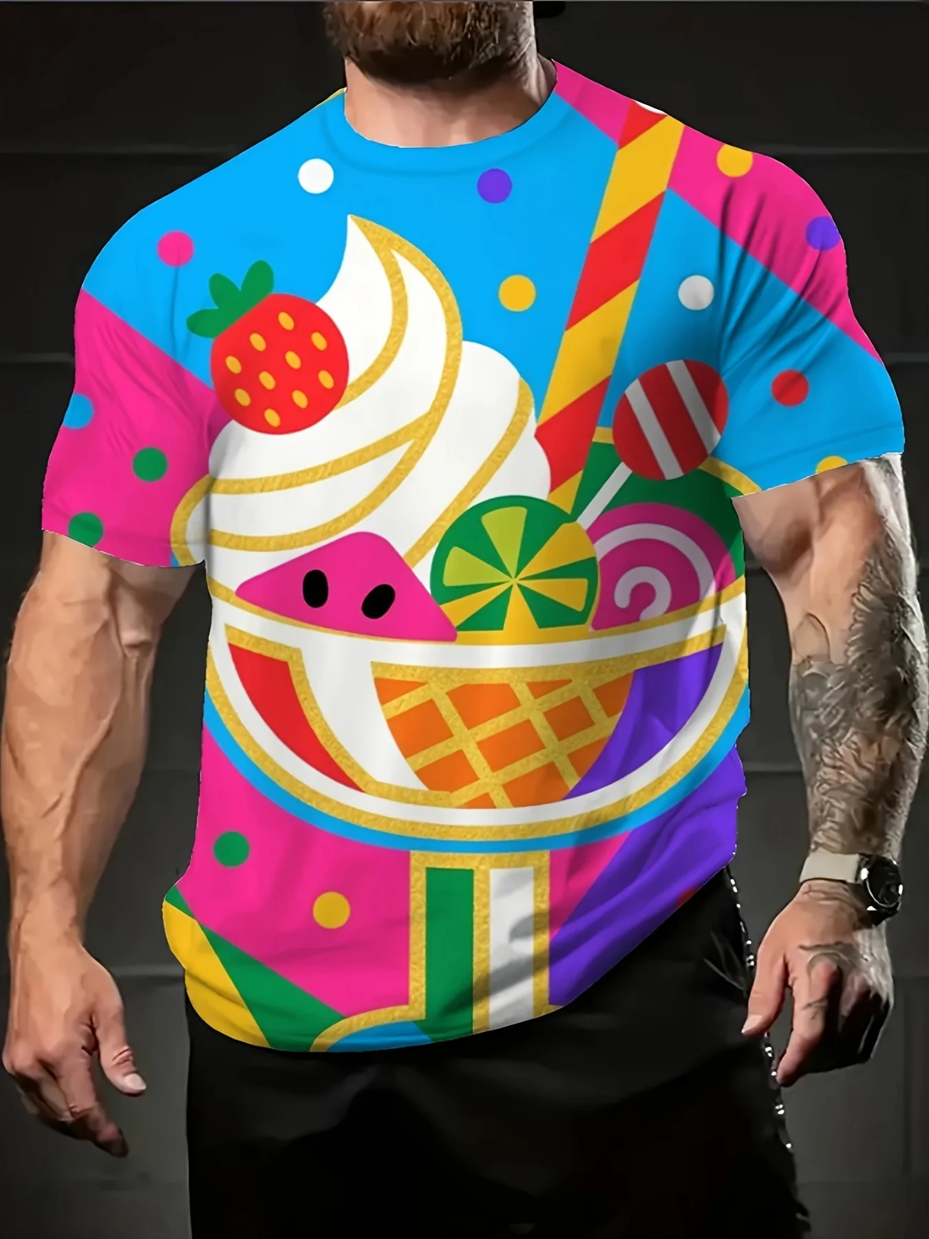 Men Colorful Geometric Splice Ice Cream Sundae Strawberry Lollipop Candy Dot Print Short Sleeve Crew Neck Casual T-shirt