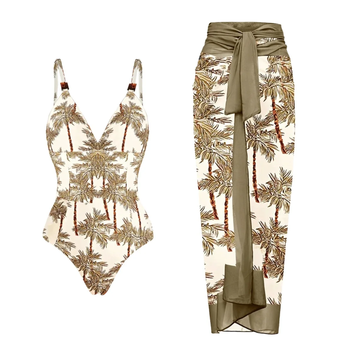 Women's Palm Print Deep V One-Piece Swimsuit Set with Thin Shoulder Straps New Style Casual Fashion Swimwear