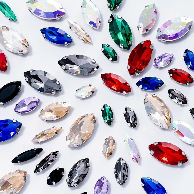 QIAO Mix-Größe 50 Stück Navette Silber Krallen-Strasssteine Glas-Kristall zum Aufnähen für Hochzeitskleider, Schuhe, Taschen, DIY – Detail 1