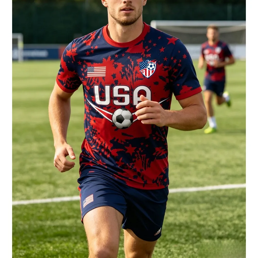 Maillot de football unisexe USA National avec motif éclaboussures d'étoiles et ballon de football, séchage rapide, respirant, pour l'entraînement de football, pour les fans