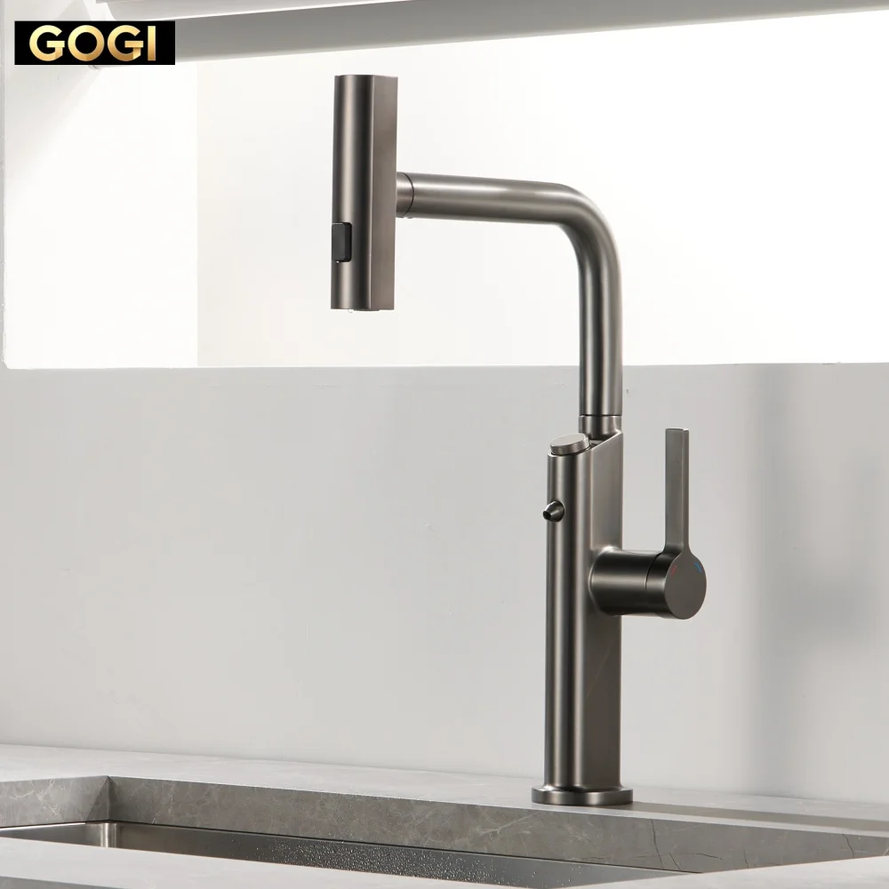 GOGI Brass 4 in1 Pull Out Kitchen Faucet Ceramic Valve 3 Water Modes 360 Rotate Cold Hot Tap With Drinking Water Outle