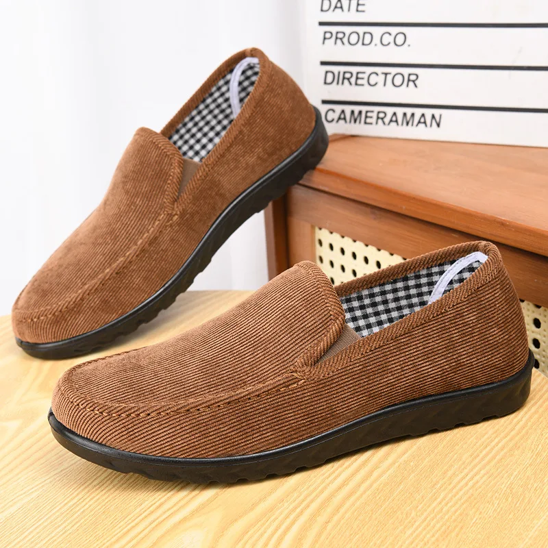 Men Corduroy Slip‑on Casual Shoes Plaid Lining Non‑slip Thick Sole Breathable Elderly Walking Loafers