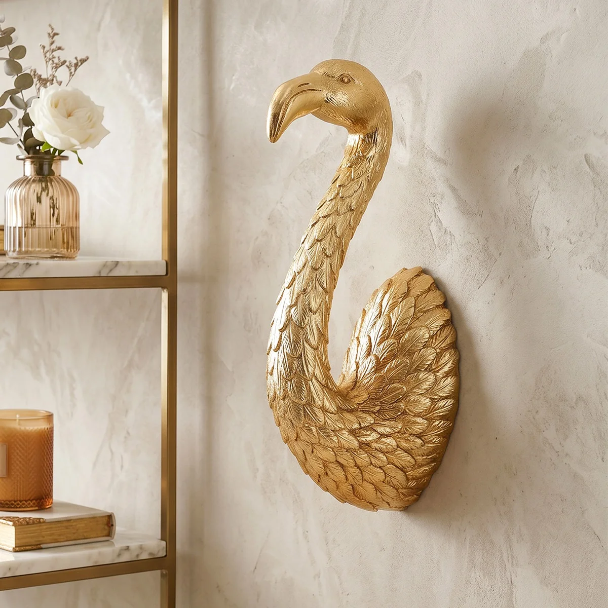 1 Stück, Goldener Flamingo Dreidimensionaler Wanddekor-Haken, Tier-Wanddekoration aus Kunstharz, Wohnzimmer-Dekoartikel – Detail 5