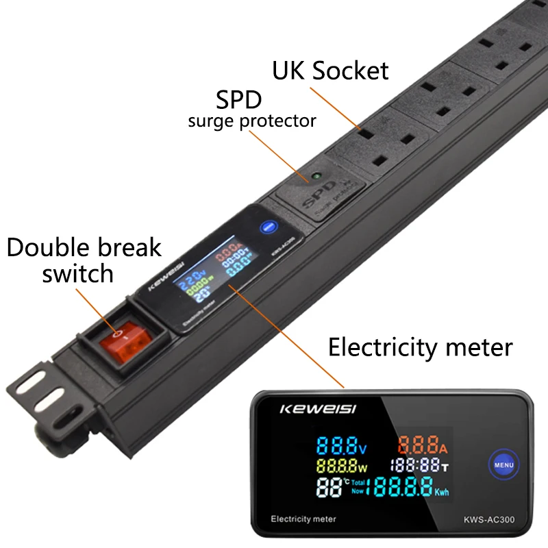 PDU power strip with Electricity meter surge protector 3pin UK extension socket break switch 2Meter extension cord