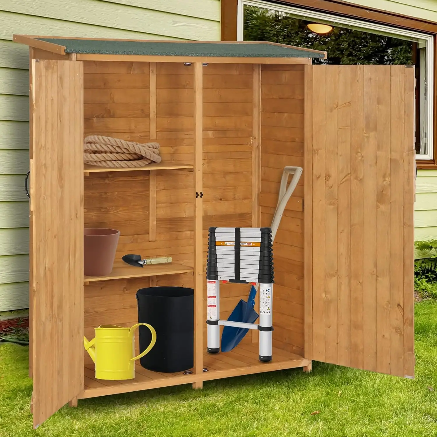 Extra Large Outdoor Garden Storage Shed with 2 Safety Latches, Wooden, Teak Color