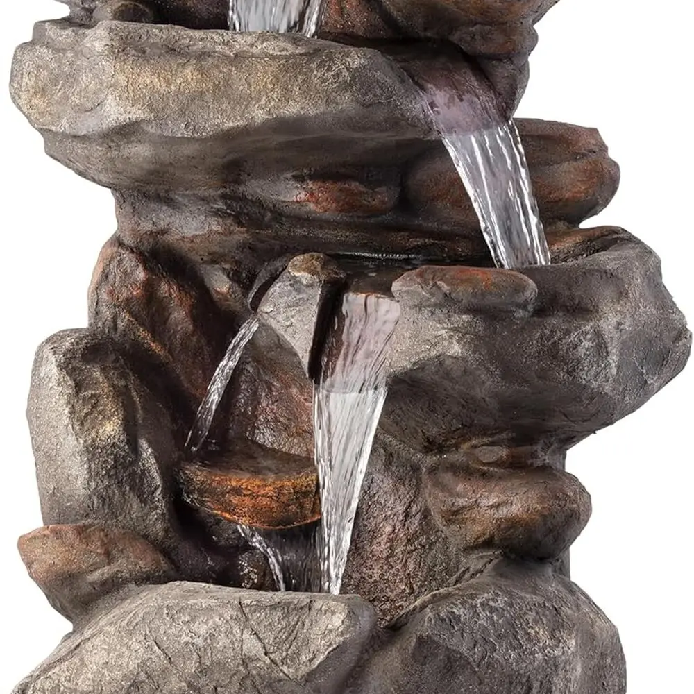 

40 Light Gray 4-Tier Rock Floor Fountain with LED Lights, Serene Outdoor Water Feature for Garden, Patio, Yard & Deck
