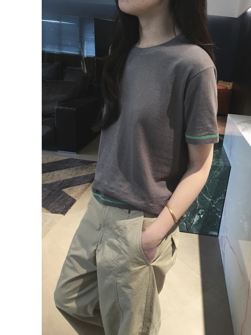 

Женская футболка Cuijia Double Twist из льняно-хлопковой пряжи 30-го номера, с круглым вырезом, коротким рукавом, в повседневном стиле, стандартного кроя