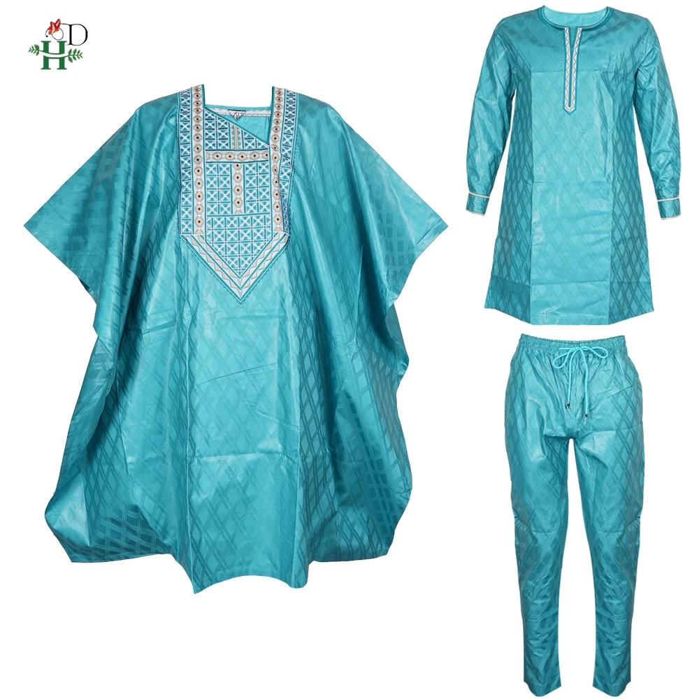 African Traditional Wear Formal Attire Bazin Riche Dashiki Thobe Green 3PCS Shirt Pant Robe Suit Agbada Men's Wedding Party 2025