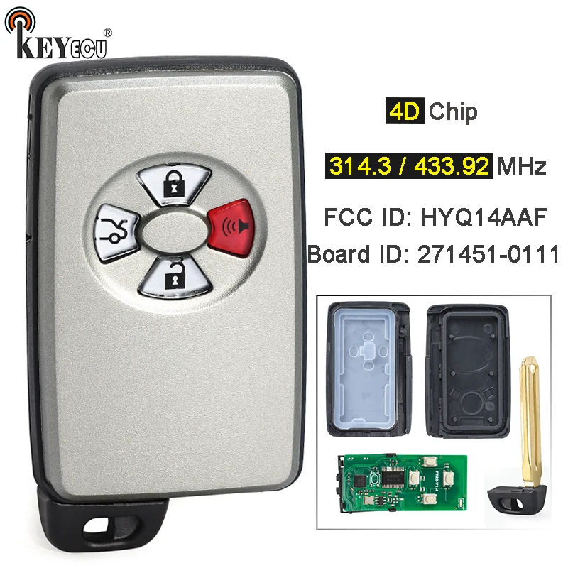 KEYECU 312MHz / 314MHz / 433MHz 271451-0111 Board HYQ14AAF Smart Remote Car Key Fob 4 Button for Toyota Avalon 2005-2006