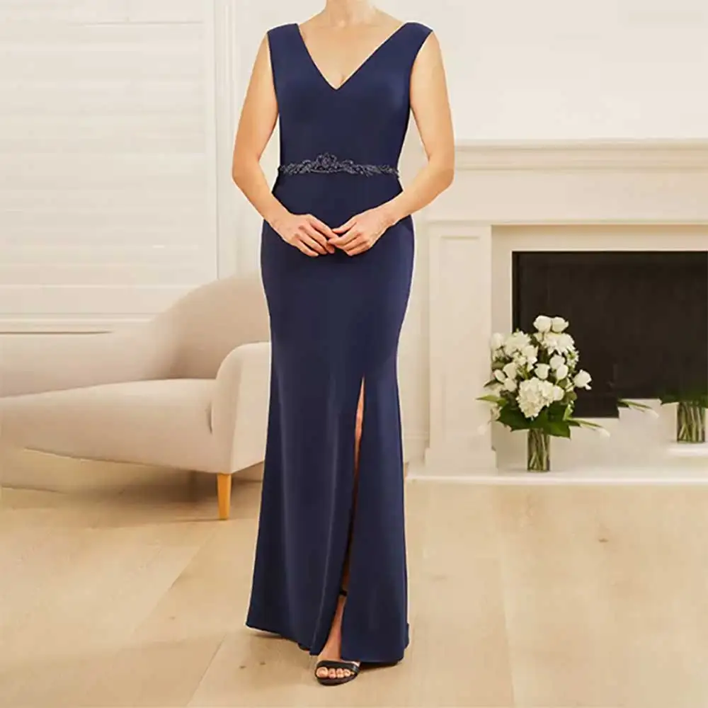 

Elegant Mother of The Bride Dress V-Neck Sleeveless Belted Side Slit Backless Maternity Party Dress for Women فستان حفلات الزفاف