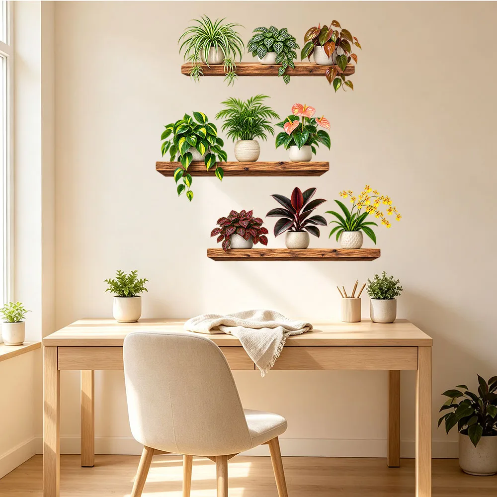 Vinilos decorativos para pared con motivos botánicos, plantas verdes en macetas, hojas, adhesivos para estanterías de madera, para la cocina, el salón, decoración de naturaleza para el hogar.