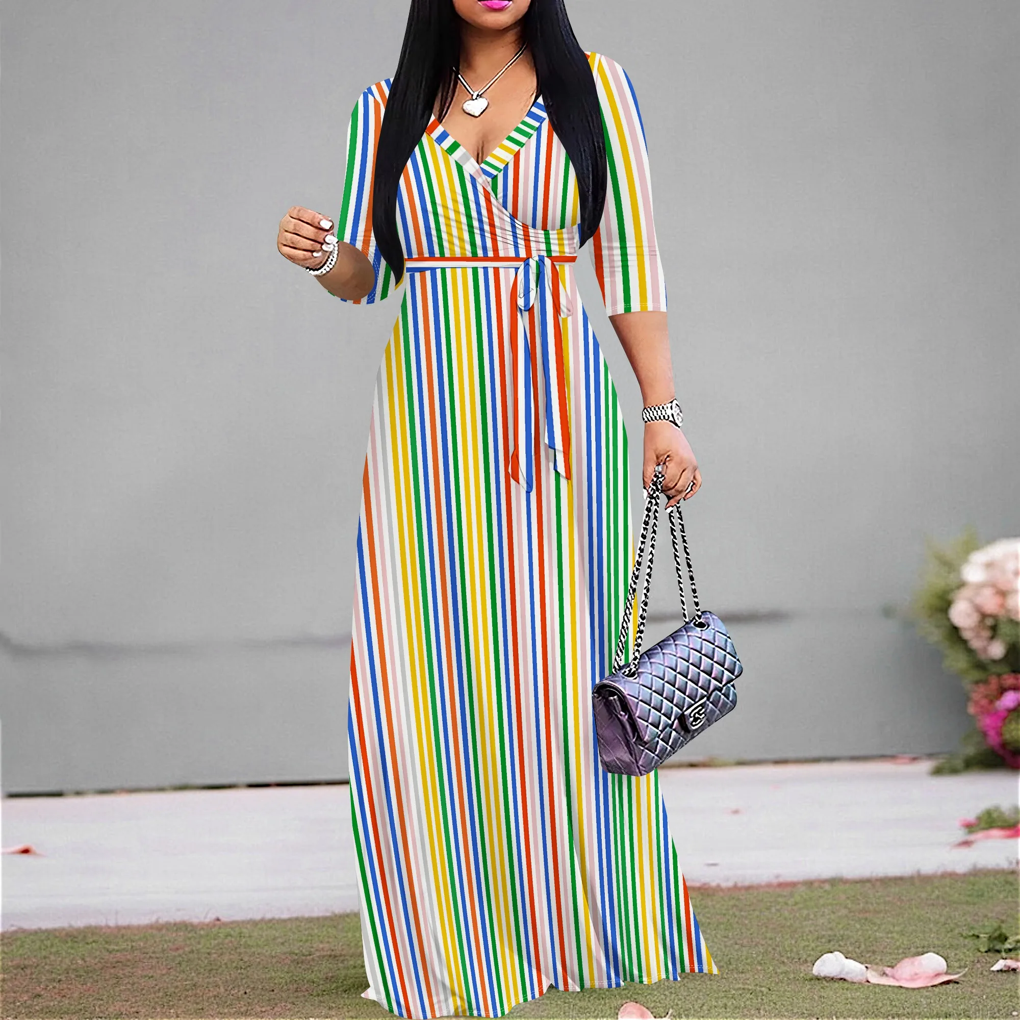 

Rainbow Stripe Maxi Dress S-3XL V-Neck Wrap Style with Belt & 3/4 Sleeves for Pride Parade, Summer Picnic or Vacation Look