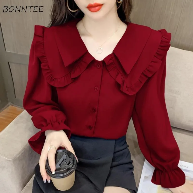 

Shirts Women Peter Pan Collar Chiffon Sweet Girl Princess Korean Fashion Y2k Tops Fairy Loose All-match Ruffles Aesthetic Chic