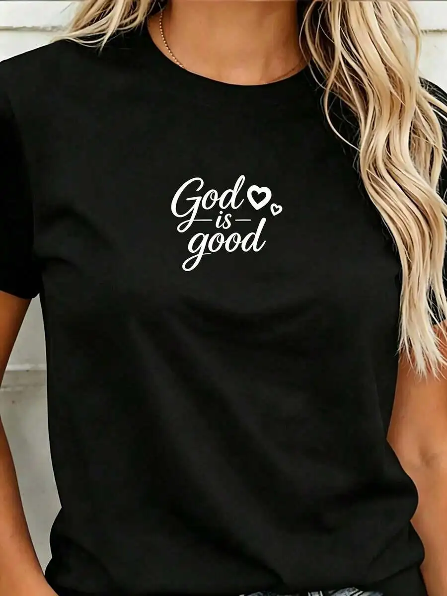 Women's Faith Graphic Tee God Is Good Text Print Crewneck Short Sleeve Casual Top Summer Daily Wear Gift For Christian Women Religious Faith Gift Idea