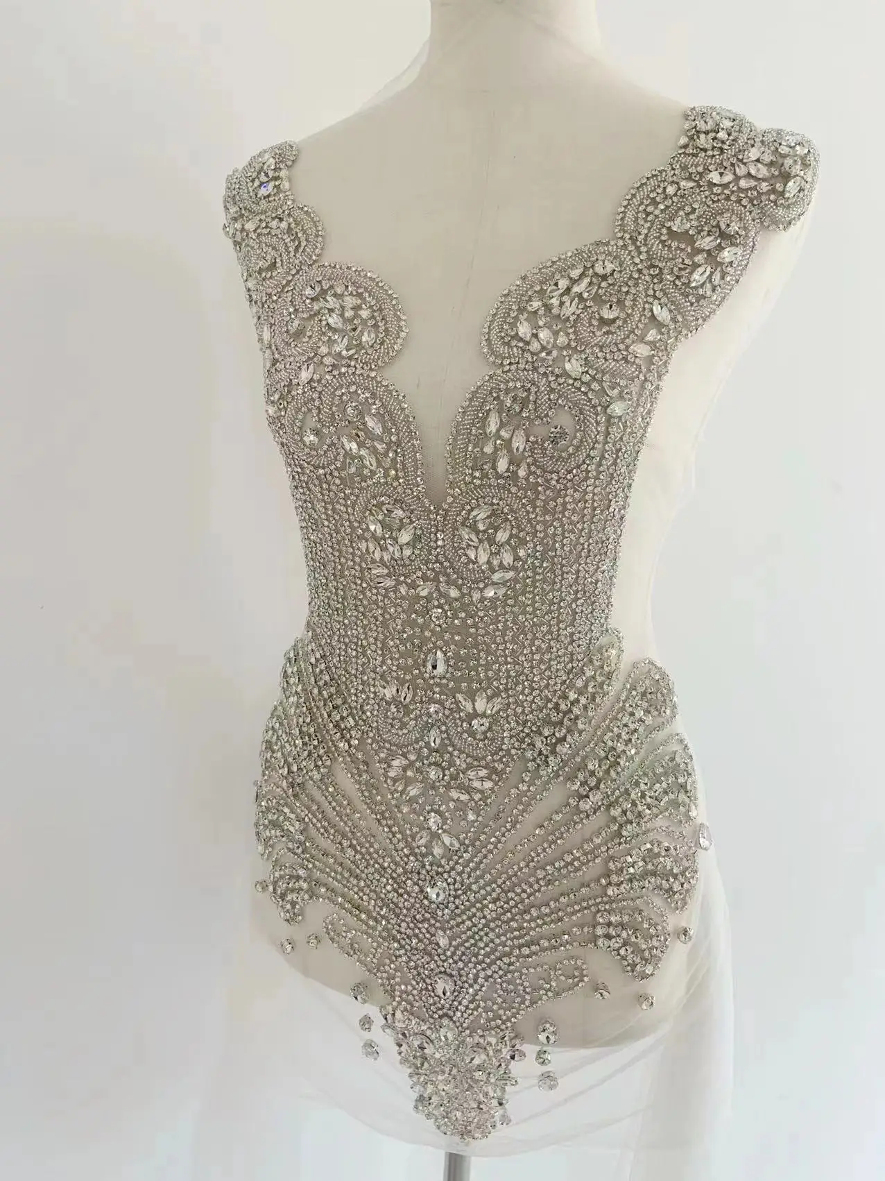 Large Silver Rhinestone Applique Luxurious Sparkle Clear Diamond Crystal Beaded Bodice Mesh Patch for Couture,Ball Gown