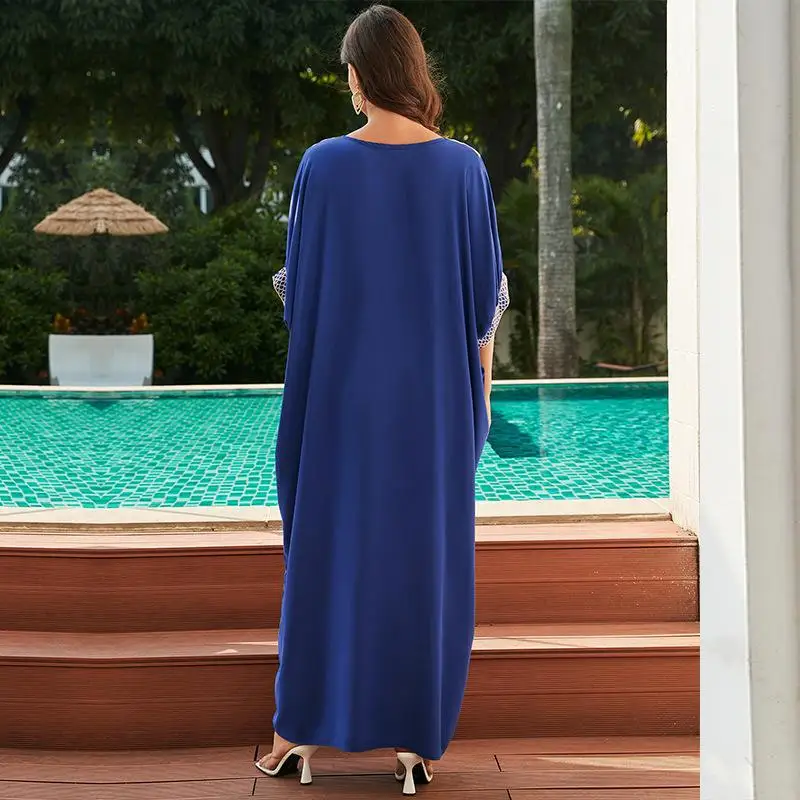 قفطان كحلي رداء مطرز للنساء ، ملابس سباحة تغطية ، ملابس شاطئ بوهيمية ، فستان شاطئ فضفاض