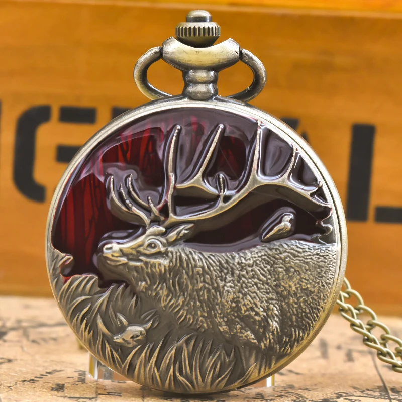 Steampunk Vintage Bronze Elk Carved Quartz Pocket Watch Necklace Pendant Clock Chain Men Women Chain Gift